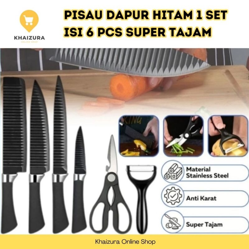 PISAU DAPUR HITAM SATU SET ISI 6 PCS ANTI KARAT SUPER TAJAM