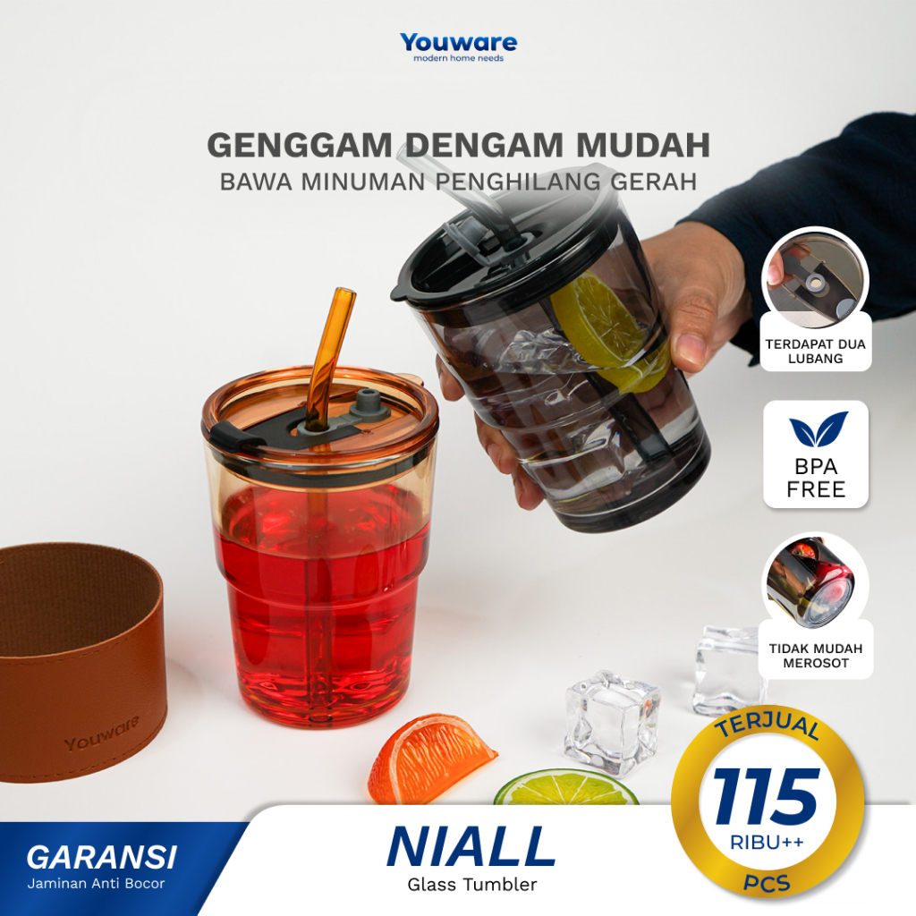 Youware - Niall Glass Tumbler Aesthetic 450 (ml) / Gelas Minum Kaca Simple Elegan Water Bottle Cup f