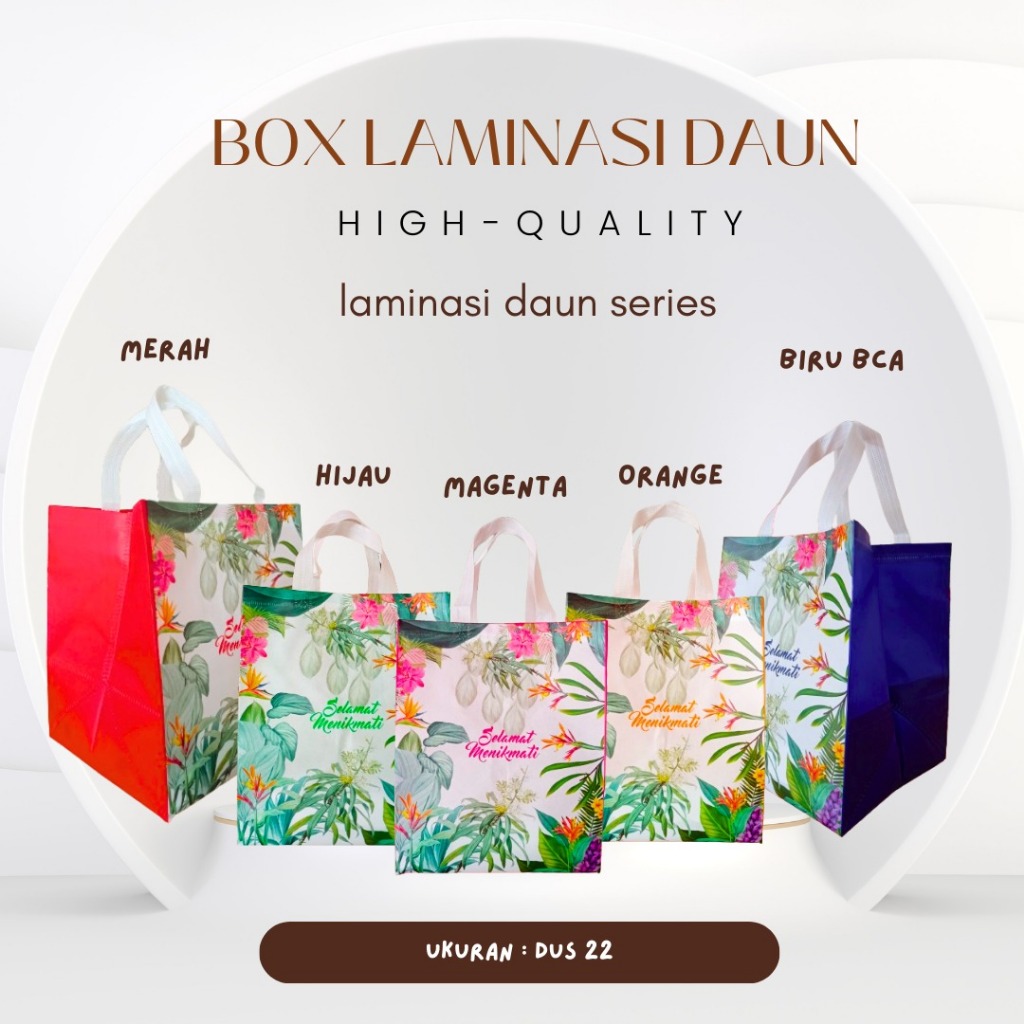 

Tas Hajatan Motif Laminasi Daun [LUSINAN 12pcs] tas hampers / tas Spunbond (DUS 22)