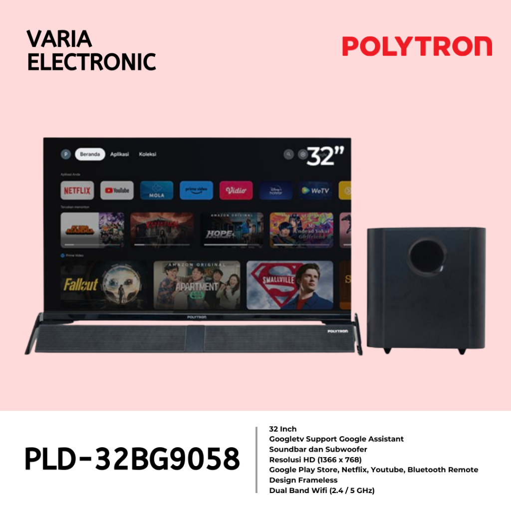 LED TV POLYTRON 32 Inch PLD-32BG9058 HD Google TV With Soundbar and Subwoofer