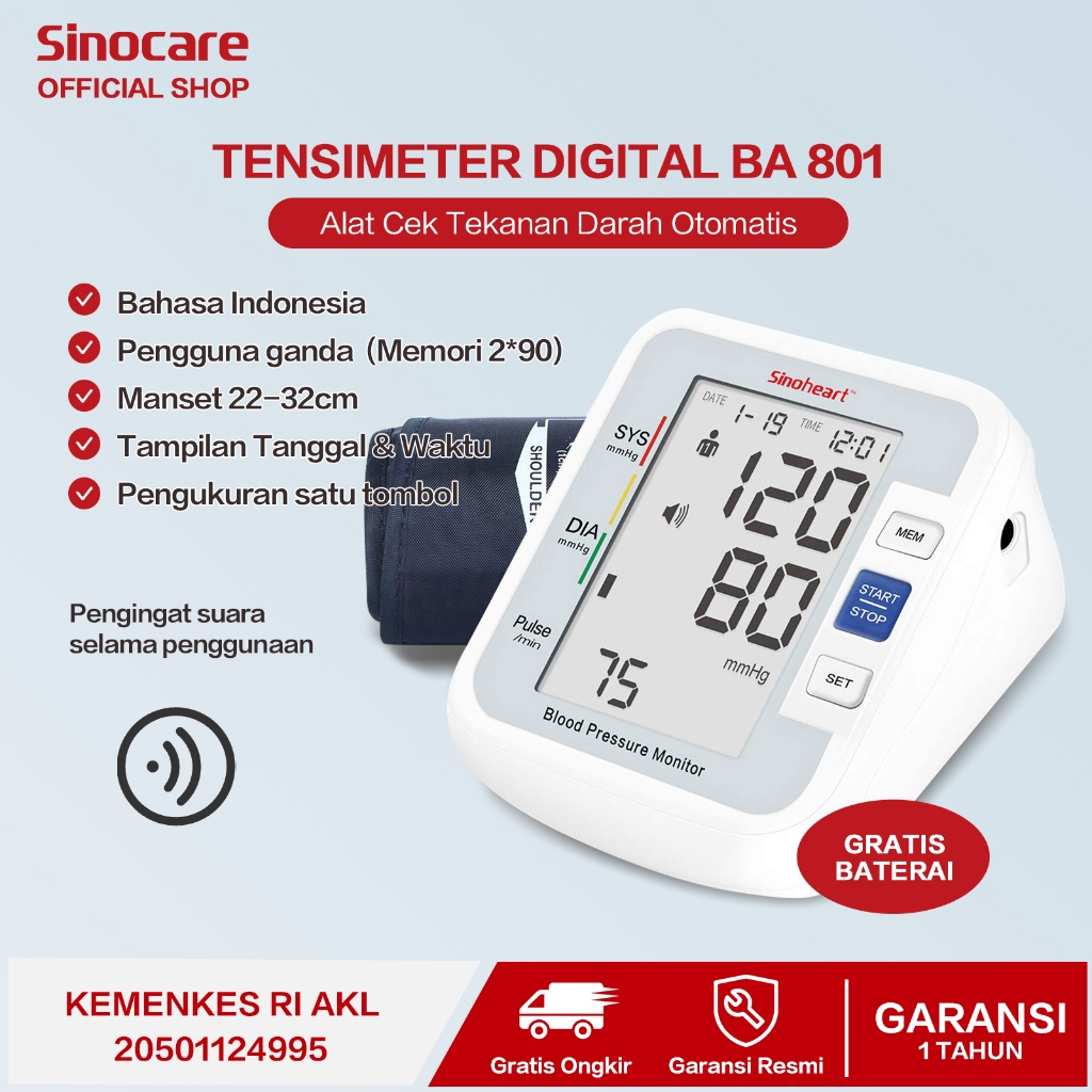 Alat Cek Tensi Darah Digital Otomatis Tensimeter Alat Tensi Darah Digital Sinocare BA-801(Bahasa)