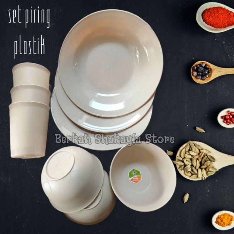 (9 PCS) SET PIRING MANGKOK GELAS PLASTIK / PIRING SET MANGKOK GELAS DIANDRA KEREY / PIRING SET PLAST