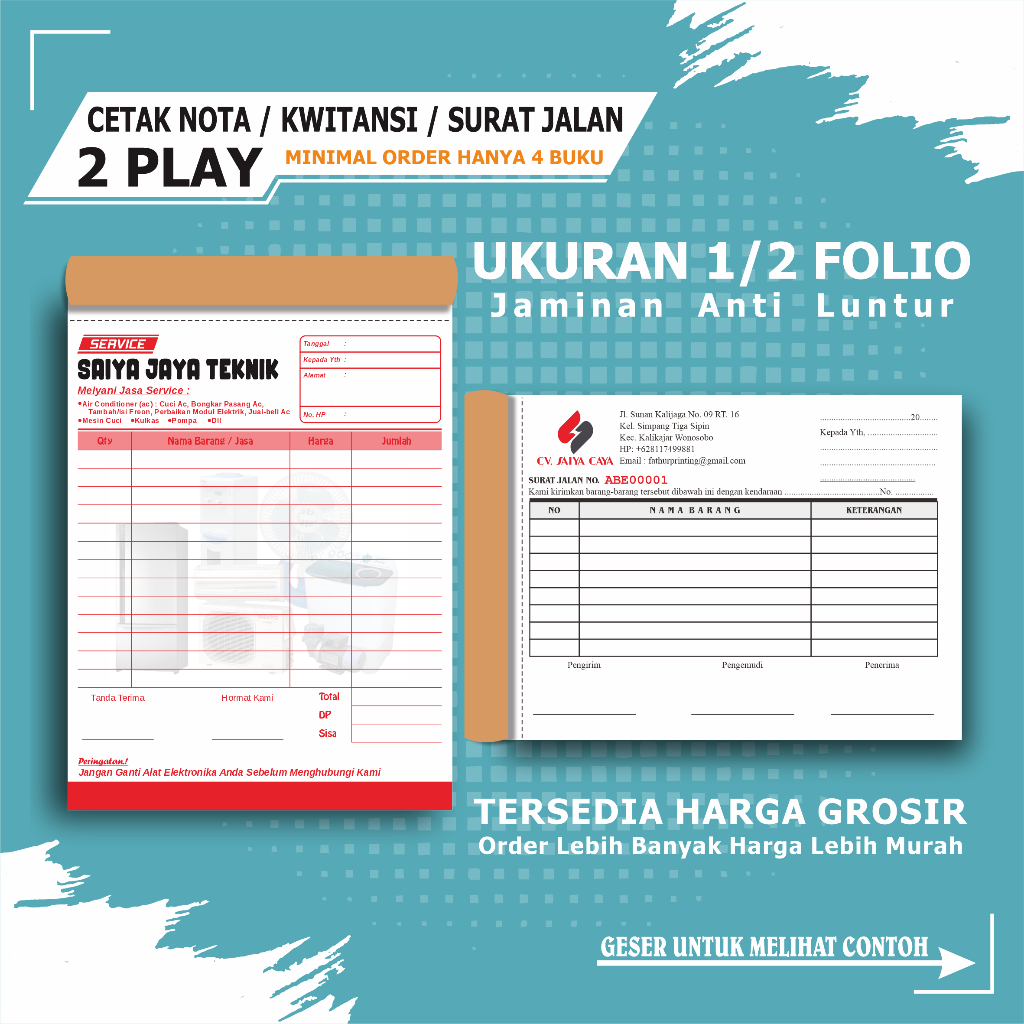 

Nota custom 2 ply 1/2 folio buku nota penjualan surat jalan invoice kwitansi tanda terima
