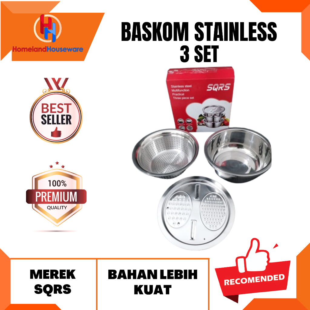 BASKOM STAINLESS 3 SET SQRS/BASKOM 3 MACAM STAINLESS STEEL/BASKOM-SARINGAN-PARUTAN STAINLESS SQRS