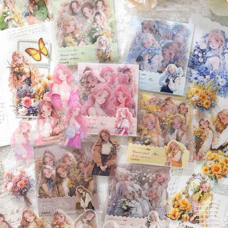 

New PET Sticker Flower and Alice Series Aesthetic Girl Sticker Journal Scrapbook DIY Stiker Jurnal Kit