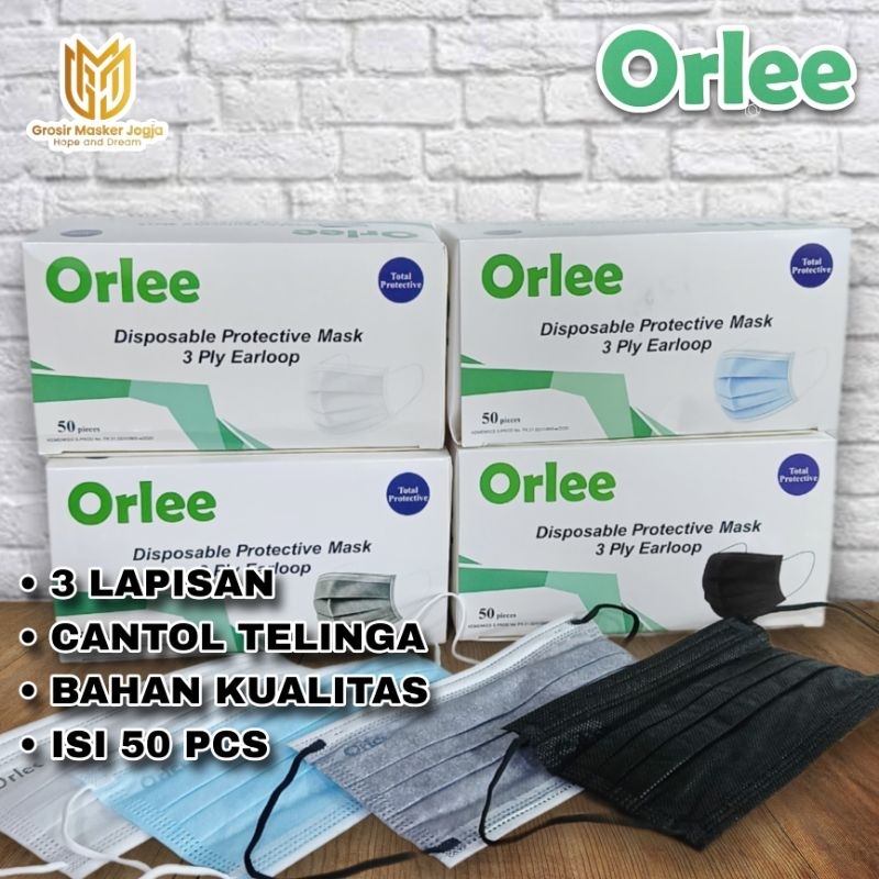 Masker Orlee Orle 3ply Earloop Cantol non medis hitam putih biru abu hijau isi 50 pcs