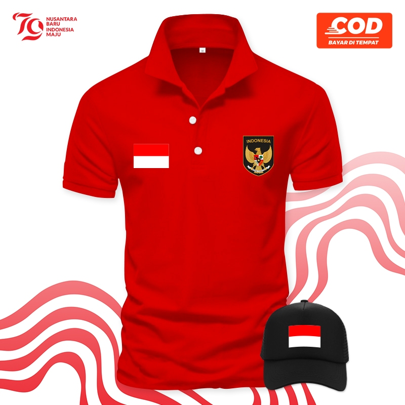 Polo Top RI Merah Pria Baju Kerah Pendek Dewasa Pilihan Warna Atasan Distro Santai Gratis Topi - Bis