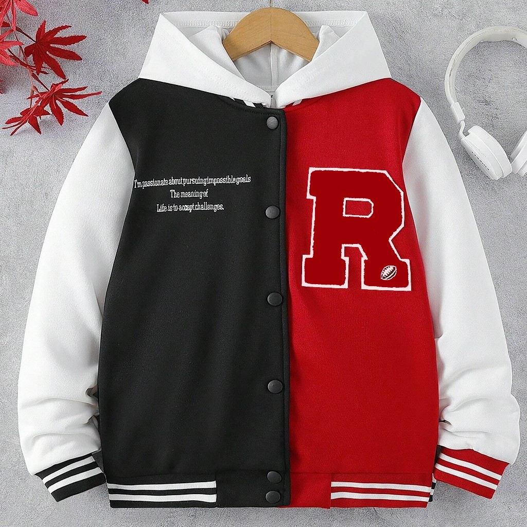 Jaket varsity baseball Anak Laki laki Perempuan unisex INISIAL R KOMBINASI HITAM MAROON PUTIH ( BISA