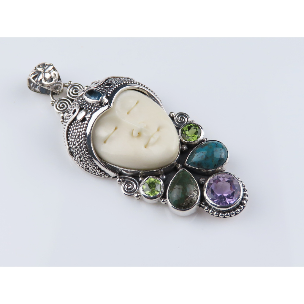 Liontin Perak, Permata Peridot, Amethyst, Blue Topaz, Turquoise, Ox Bone , Liontin Permata