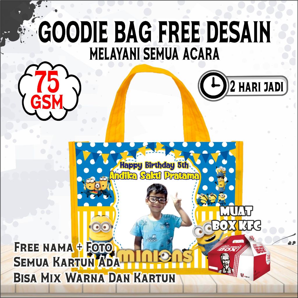 

TAS JINJING BERGAMBAR MINION/SOVENIR ULANG TAHUN ANAK/GOODIE BAG