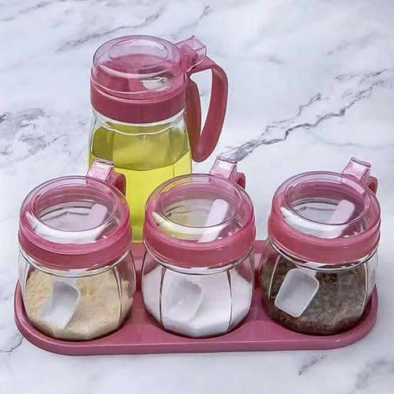 

BOTOL MINYAK & TEMPAT BUMBU SET ISI 4pcs - TOPLES GARAM DAPUR TEMPAT BUMBU OIL POT SET