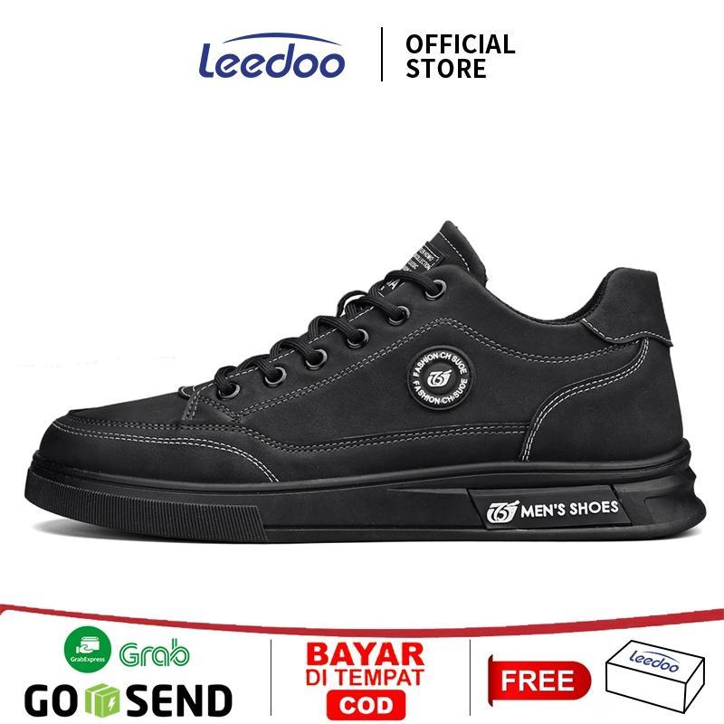 Leedoo Sepatu Pria Formal Sneakers Cowok Casual Sepatu Kulit Pria Kerja Fashion Sport Shoes Black MC