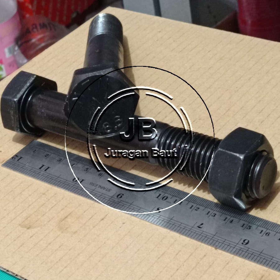 BAUT BAJA KUNCI 36 M24X150 PANJANG 15 CM 15CM GRADE 8.8 HTB M24 X 150 HALF DRAT HITAM BAUT 36 HEXA B