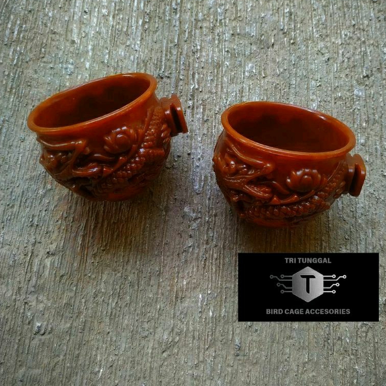 cepuk cangkir ukir naga wadah makan minum burung aksesoris sangkar burung