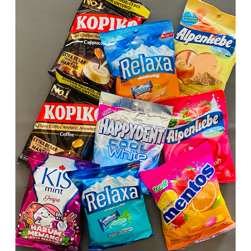 

Permen Kopiko, Relaxa, Mentos, Kis, Alpeliebel, HappyDentWhite