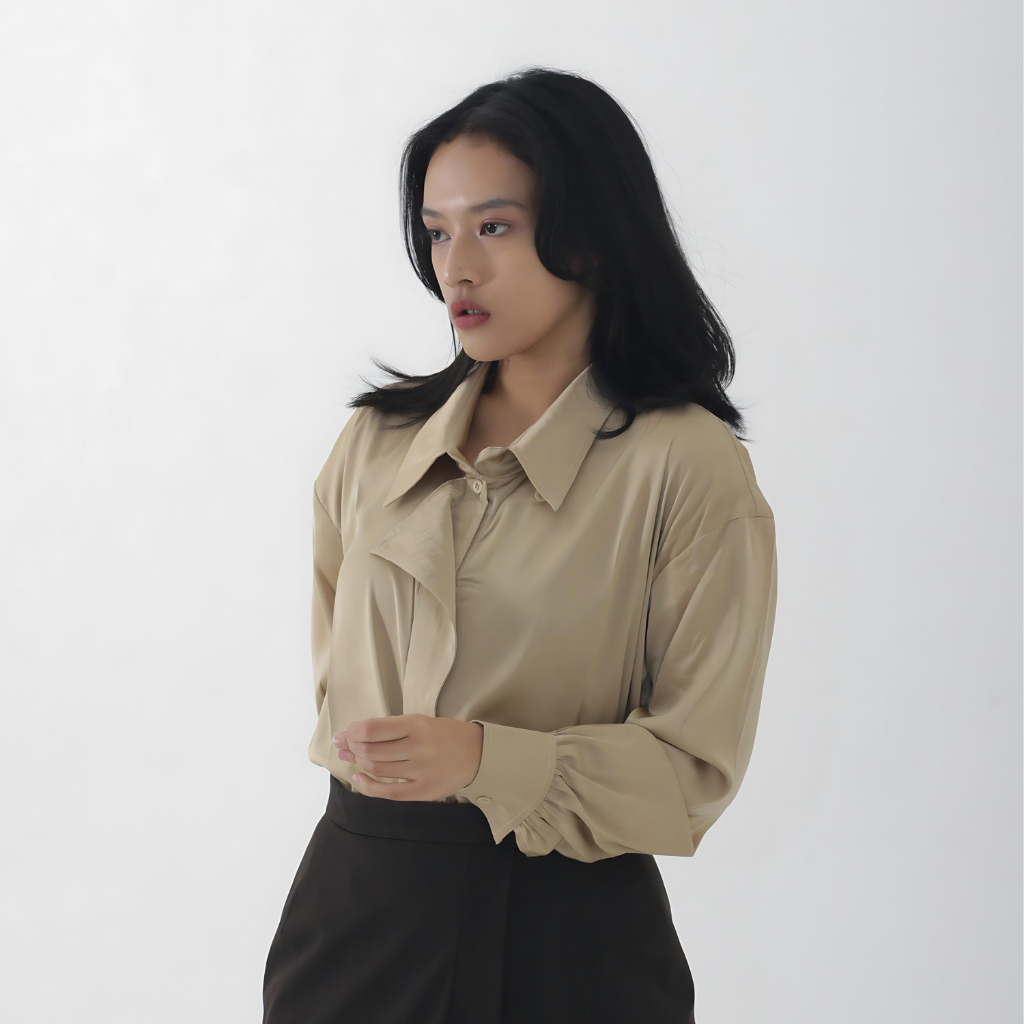 AKSENE - Gemini Shirt | Blus Kemeja Kerja Satin Silk Wanita | Atasan Cantik Kekinian Viral Top