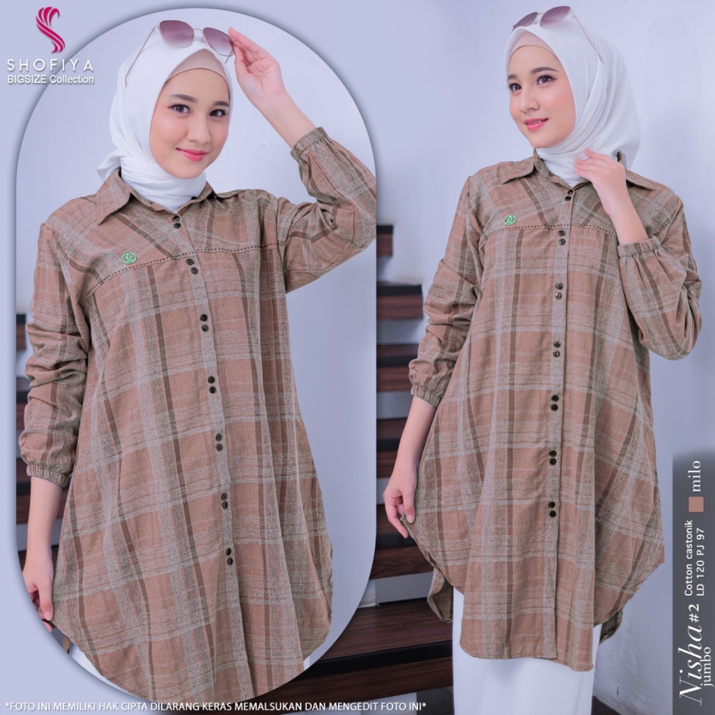 Nisha tunik kemaja atasan wanita muslim jumbo ld 120 bahan katun kotak kotak kekinian terbaru 2024