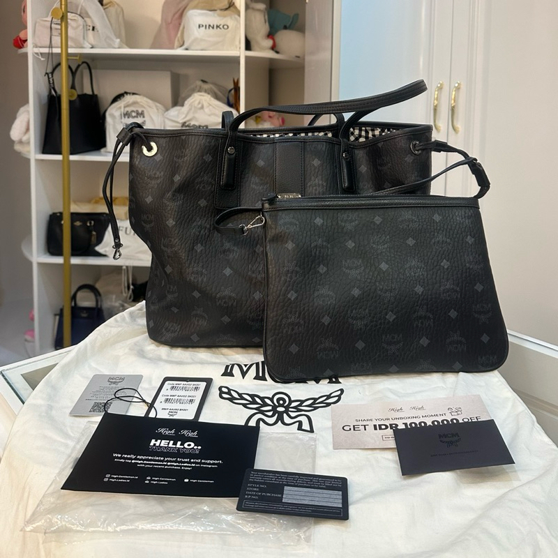MCM Authentic Liz Reversible Large Tote Bag Black With Pochette Clutch Branded Preloved