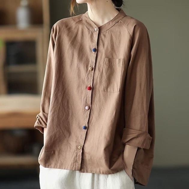 Blouse korea wanita lengan panjang fashion musim atasan polos  NAVY