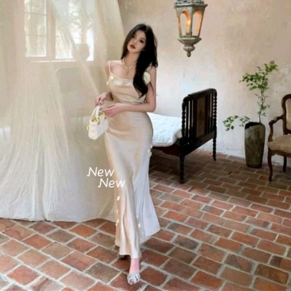 Gaun Satin Pesta Elegant Dress Sexy Satin Dress Panjang Dress Mewah Perancis Musim Panas Rok Ramping