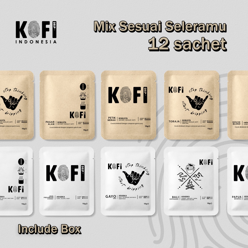 

Kopi Dripbag Indonesia, arabika/robusta, mix 12 varian kopi dripbag x 10gr, kopi instan tanpa ampas