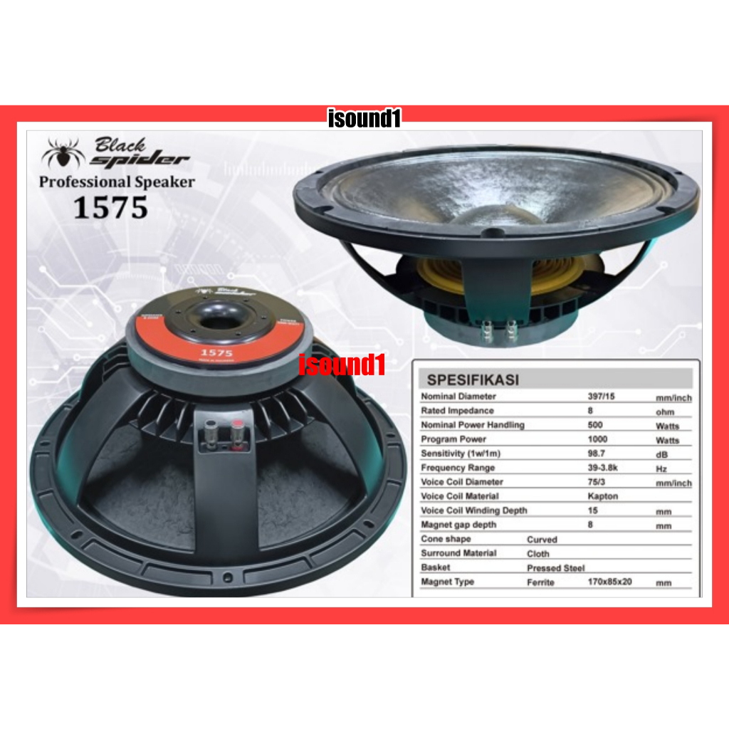 SPEAKER BLACK SPIDER 15 INCH 1575 KOMPONEN BLACKSPIDER 15IN ORIGINAL VOICE COIL 3 IN MAX 1000 WATT