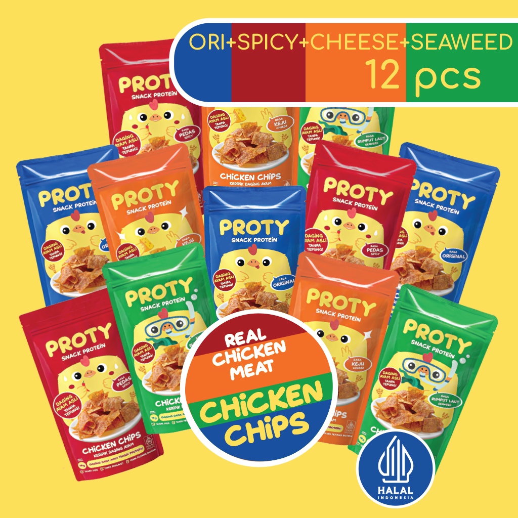 

PROTY Cemilan Sehat Keluarga Chicken Chips Ori(3 pcs)+Pedas(3 pcs)+Keju(3 pcs)+RumputLaut (3 pcs)