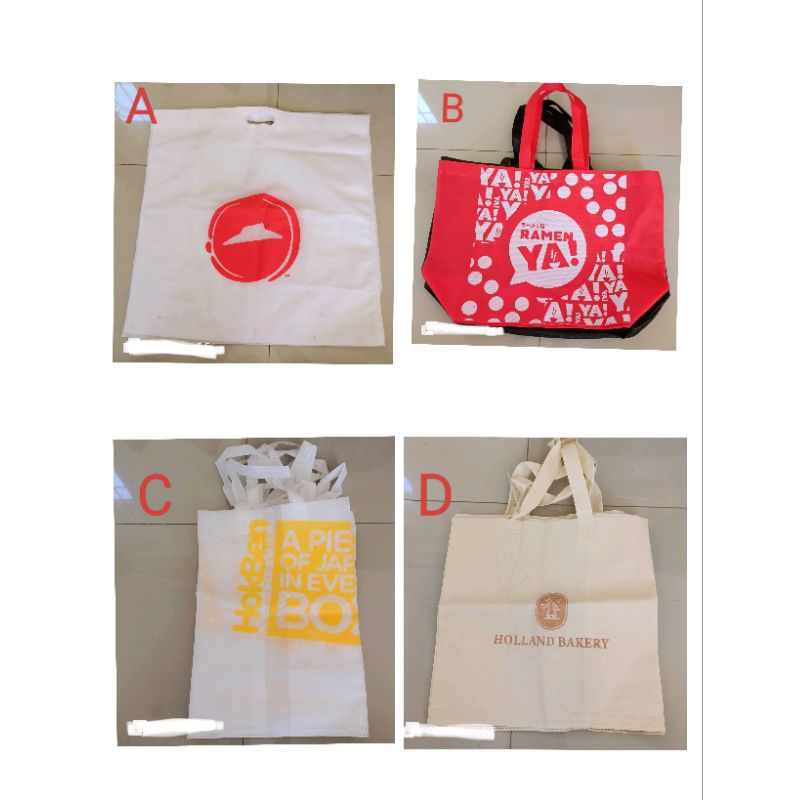 

Tote bag paper bag spundbond shopping bag tas belanja pizza hut holland bakery sushi go ramen ya cup bop