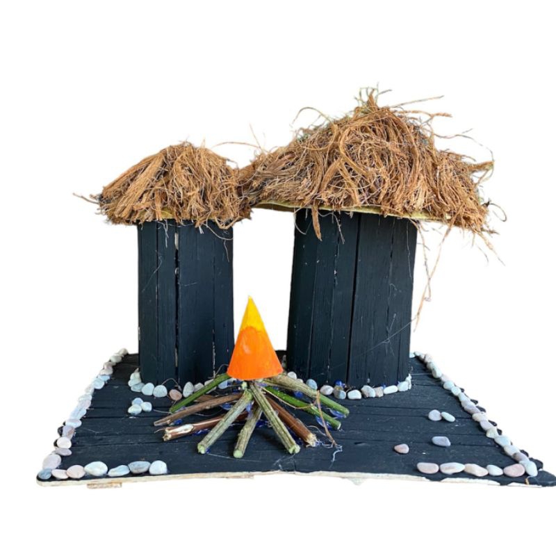 Prakarya Miniatur Rumah Adat Honai Papua dari Stik eskrim dan Sabut Kelapa