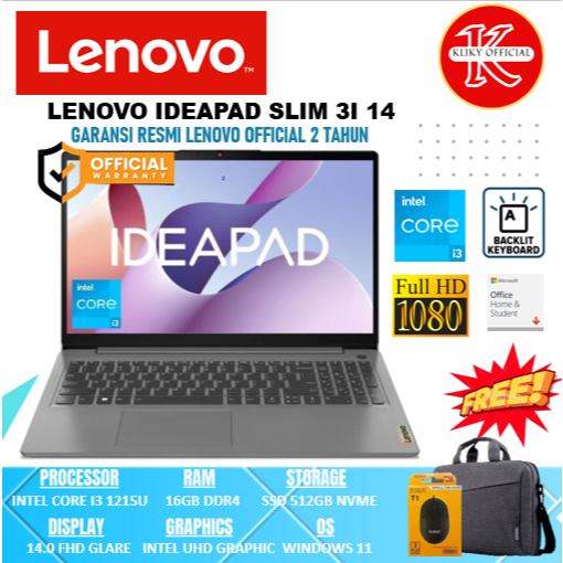 Laptop Lenovo Ideapad SLim 3i 14 Intel Core i3 1215U Gen12 Ram 8GB Ssd 512Gb Garansi Resmi Lenovo