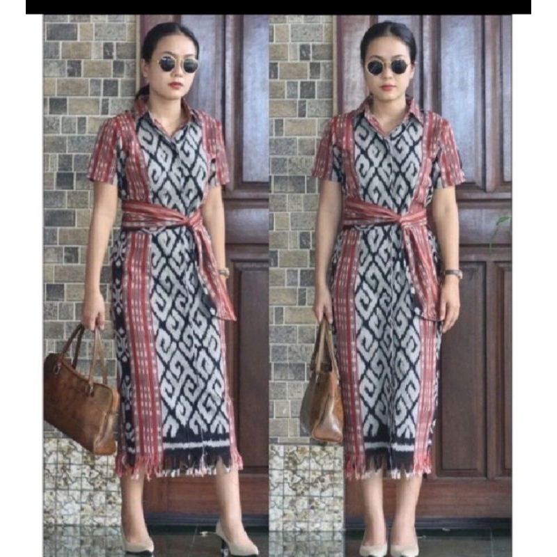 All dress tenun baju wanita warna hitam dongker tunik tenun outfit natalan raya kondangan