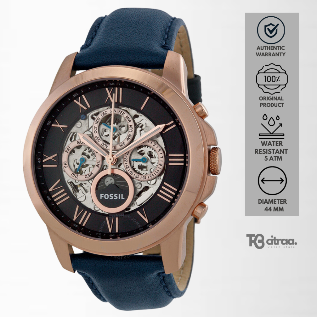 jam tangan Fossil cowok Grant analog strap kulit blue navy Automatic Fashion Pria moon shape water r