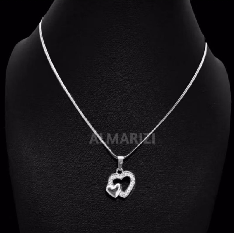 Kalung Titanium Liontin Love Double Besar Kecil Silver Anti Karat