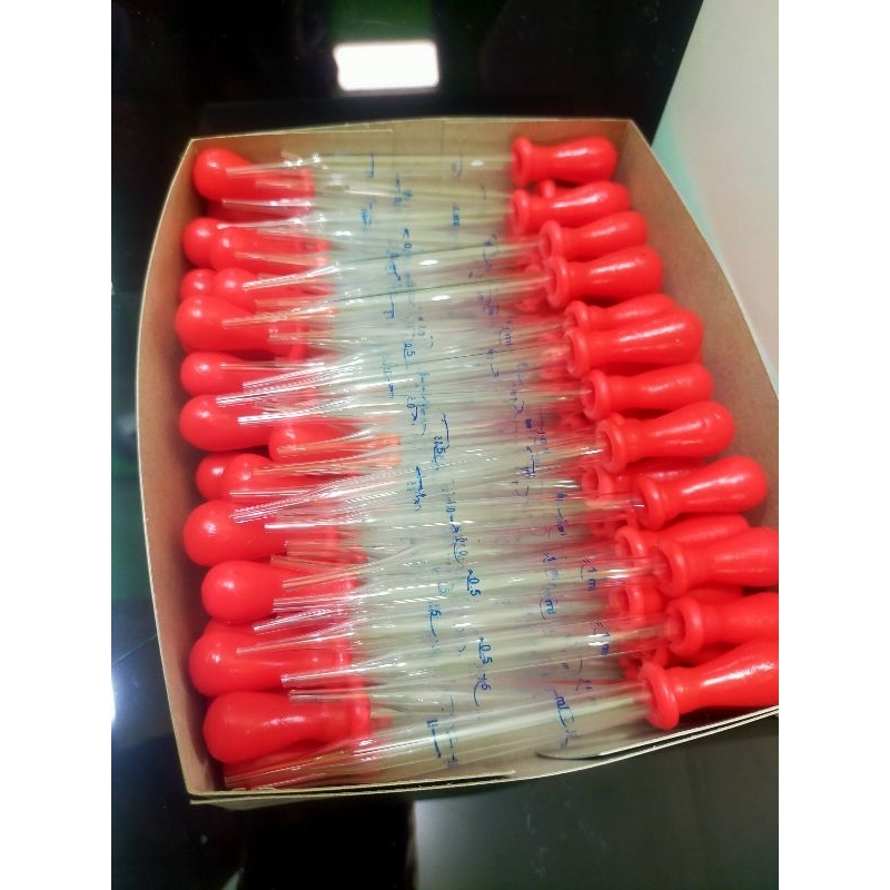 Pipet tetes kaca ori skala 1ml tebal dan berkualitas panjang 9cm karet merah isi 100pcs/ box