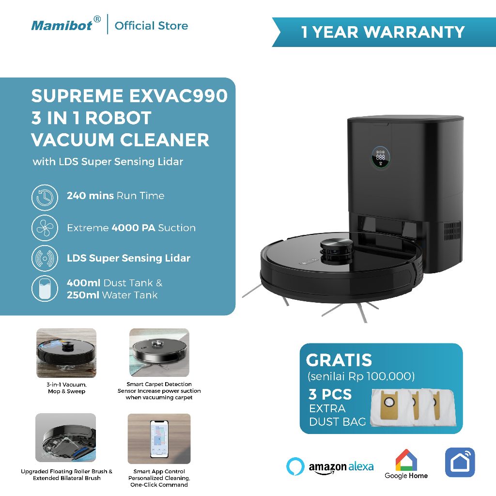 Mamibot Supreme EXVAC990 Robot Vacuum Cleaner with LSD Super Sensing Lidar + Auto Empty Dustbin | Sa