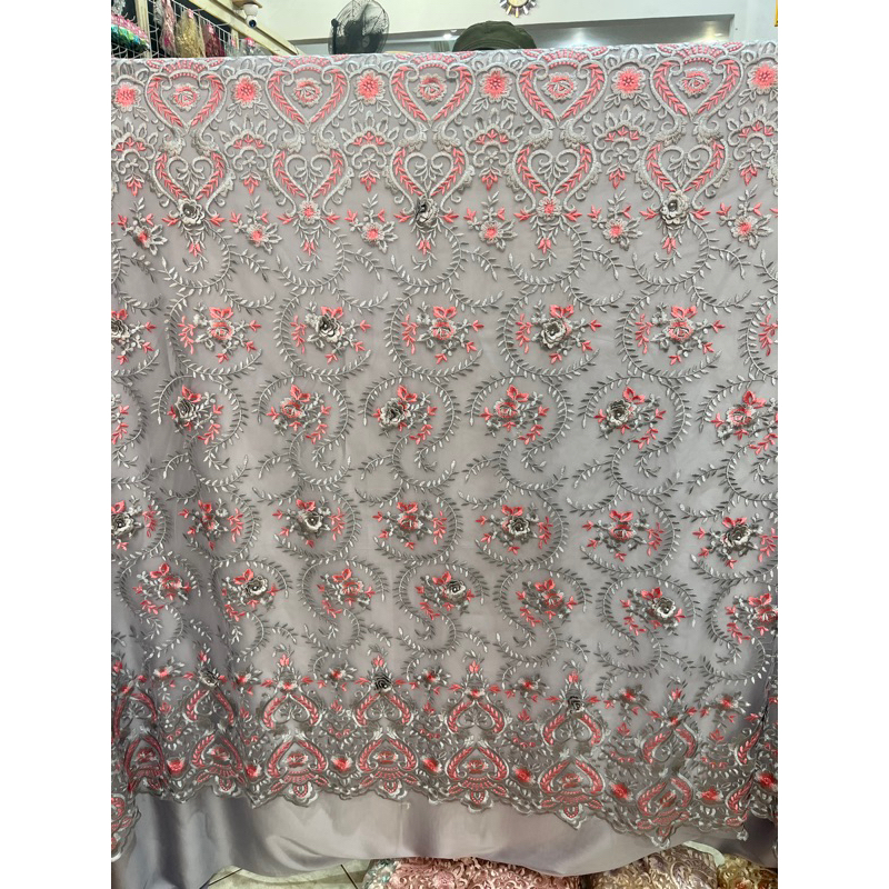 tille brukat bunga / kain bahan brukat bordir bunga dengan mutiara non gliter harga murceu