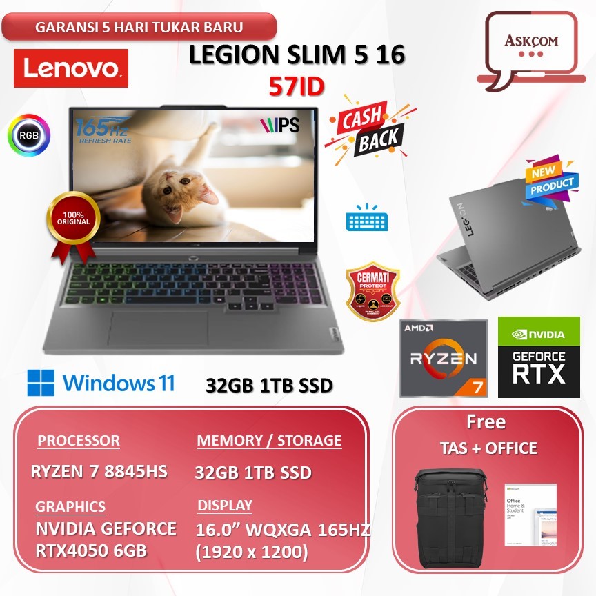 Lenovo Legion Slim 5 16 RYZEN 7 8845HS RTX4050 6GB | 32GB 1TB SSD W11 OHS21 16.0WQXGA 165HZ 57ID