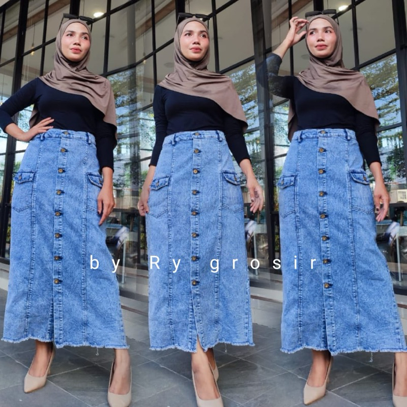 Rok Span Kargo Wanita Jeans Tebal Kekinian