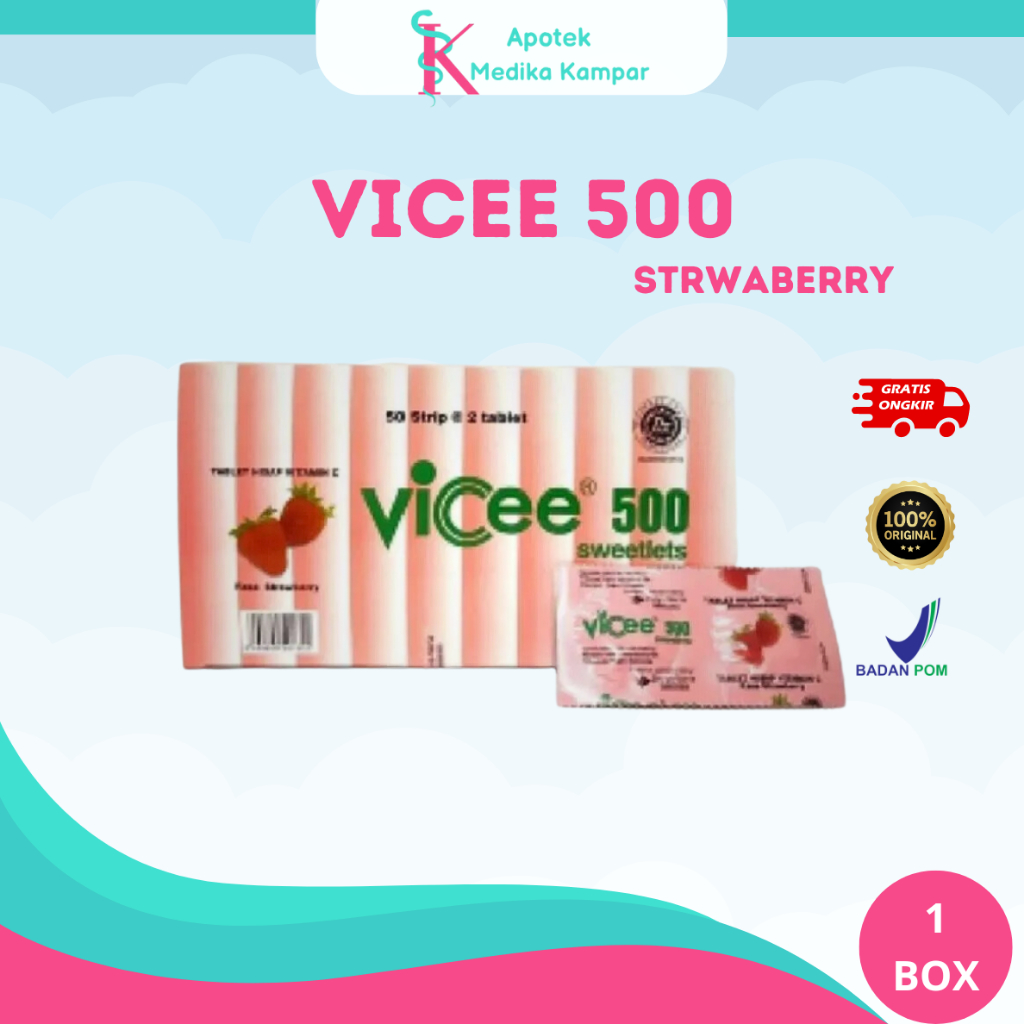 Vicee 500 Mg Strawberry 1Box - Tablet Hisap Vitamin C 500 Mg Rasa Strawberry
