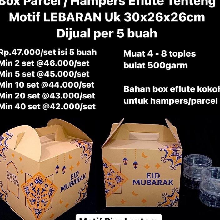 

KI3 Box Parcel Hampers Eflute Tenteng Motif LEBARAN Uk 3x26x26cm Dijual per 5 buah