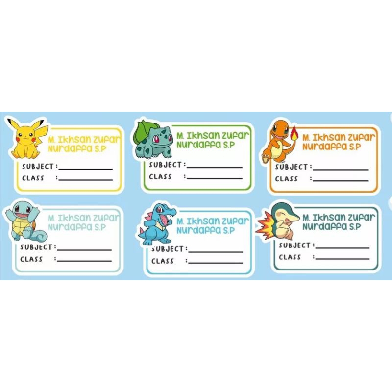 

PO 3 hari (Bentuk Kotak) Stiker Sticker Nama Anak untuk di tempel di buku tulis atau buku paket Pelajaran Gambar Pokemon