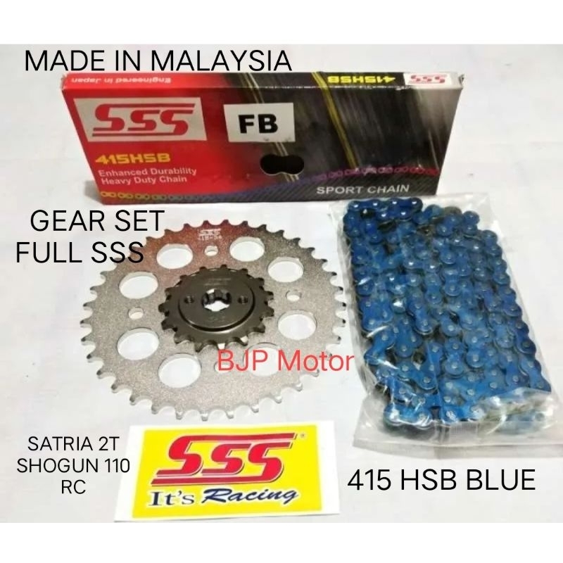Gear Set FULL SSS 415 Shogun 100/110, Satria 120/130/2T +  Rantai SSS 415 BIRU/BLUE 110L/120L/130L +