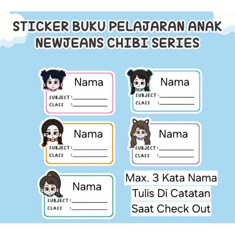 

PO 3 hari (Bentuk Kotak) Stiker Sticker Nama Anak untuk di tempel di buku tulis atau buku paket Pelajaran Gambar Newjeans Girl Band Chibi