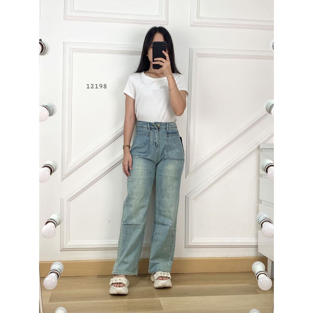 12198 CELANA PANJANG JEANS  POLOS PINGGANG KARET SIZE M-2XL TWIN POCKET SAKU SATU BUTTON MIX ZIPPER 