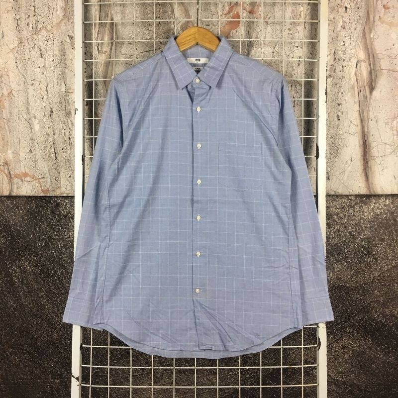 Kemeja Lengan Panjang Pria Motif Kotak Original Uniqlo Size L . SDA 05465 Second Bekas Preloved