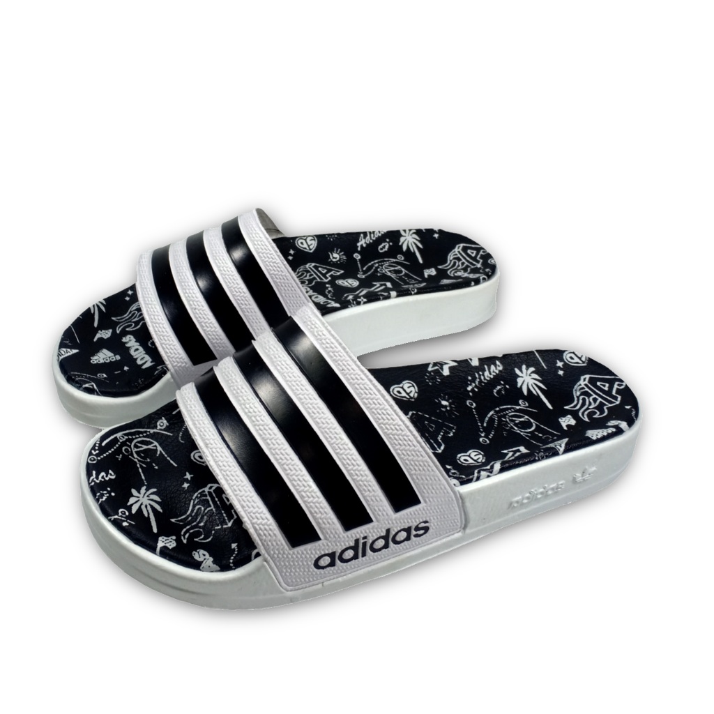 Sandal slide Casual Adidas Comfort pria wanita tipe selop warna Putih garis hitam grade premium