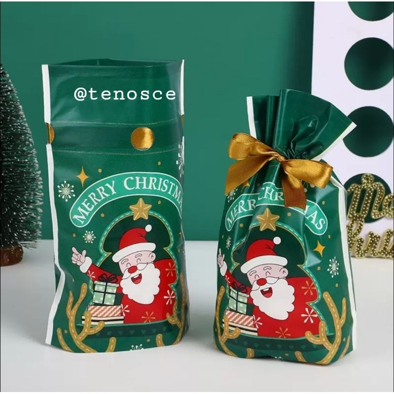 

50pcs Kantong Plastik Tas Serut Souvenir Cookies Candy Bag Kue Kering Hampers Hadiah Kado Bingkisan Pouch Natal Christmas Santa