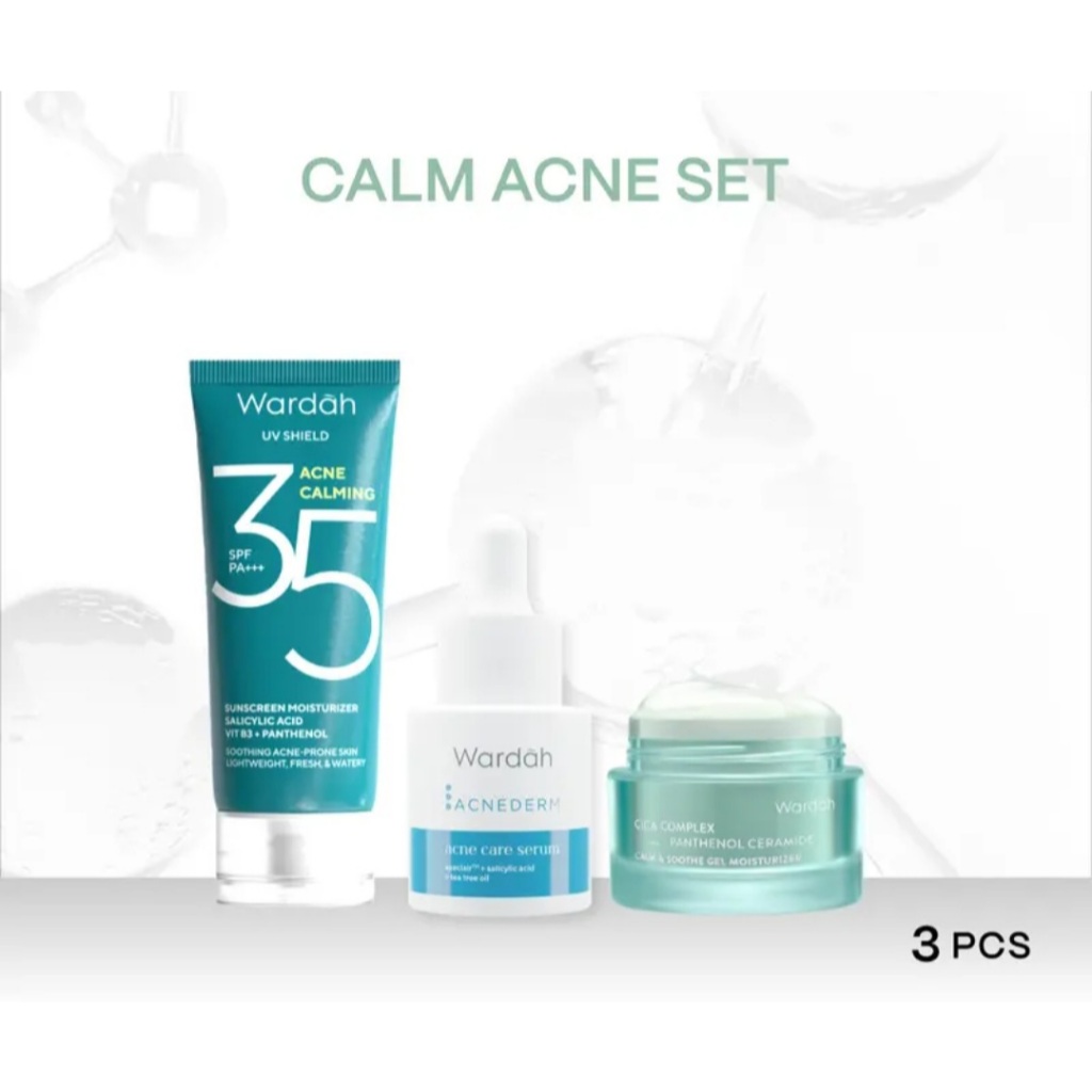WARDAH CALM ACNE SET (3PCS) UV SHIELD SPF 35 + ACNEDERM CARE SERUM + CICA COMPLEX PANTHENOLPANTHENOL