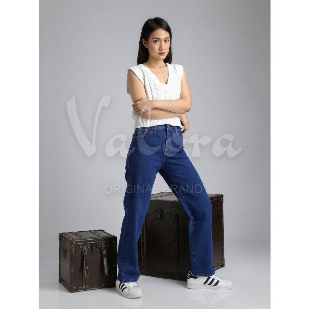 VALORA - Celana Highwaist Boyfriend Loose Jeans Wanita BF Panjang Fidelita Biru Tua