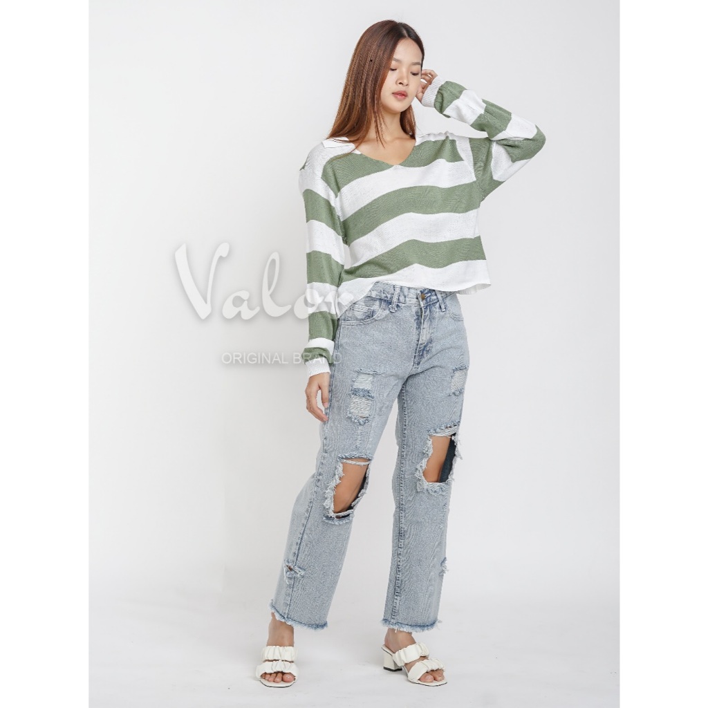 VALORA - Celana Loose Jeans Ripped Boyfriend Jeans Sobek Destroy Wanita Highwaist Azzira